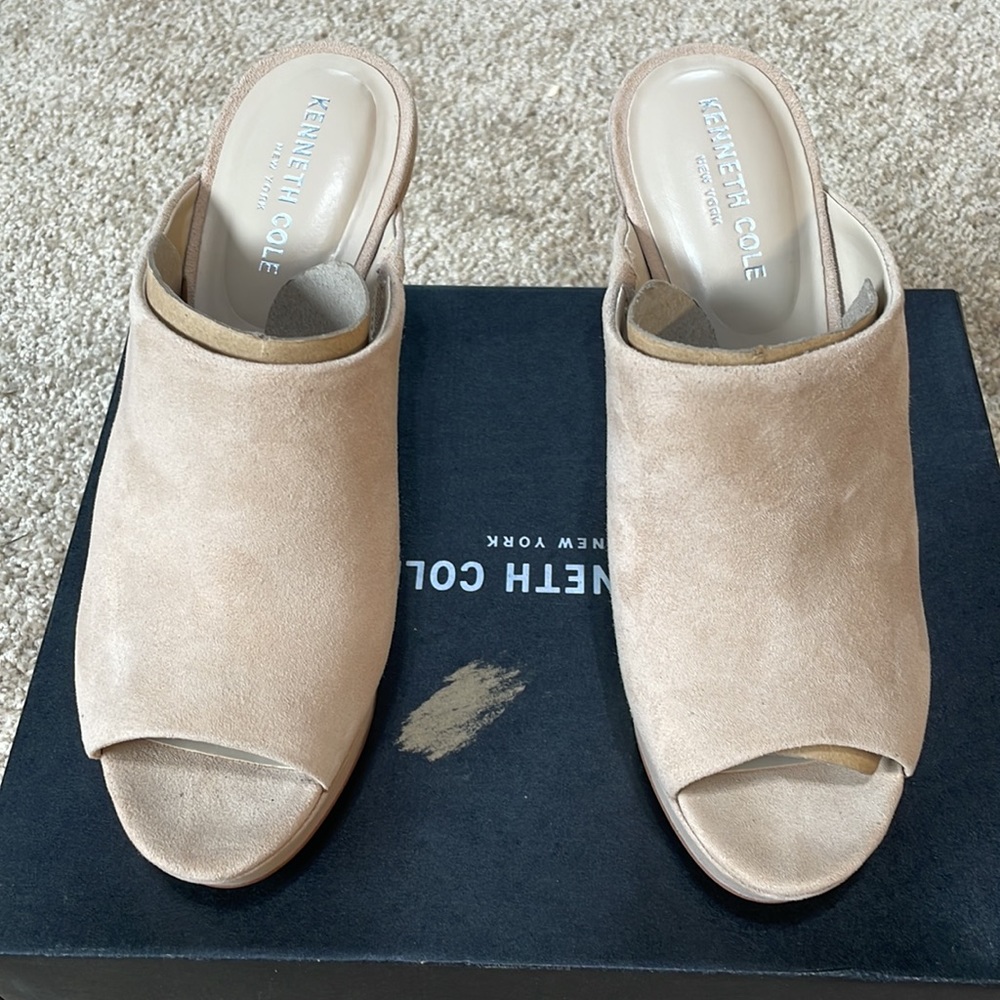 Kenneth Cole Gracen mule beige soft suede 5” chunky heel platform mule 8.5 NWT - Picture 11 of 13